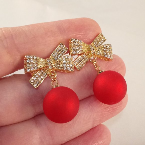 Yellow Gold 925 Silver Red Ball Bow Knot Diamond Zircon Dangle Stud Earrings New - Picture 2 of 3
